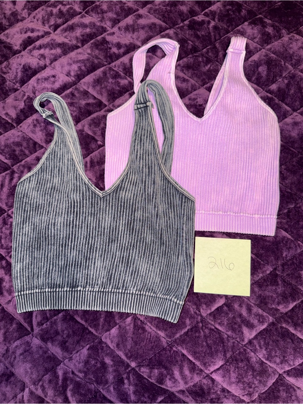 Zenana Outfitters Ribbed V-Neck Crop Tank Bralettes - Lavender & Charcoal